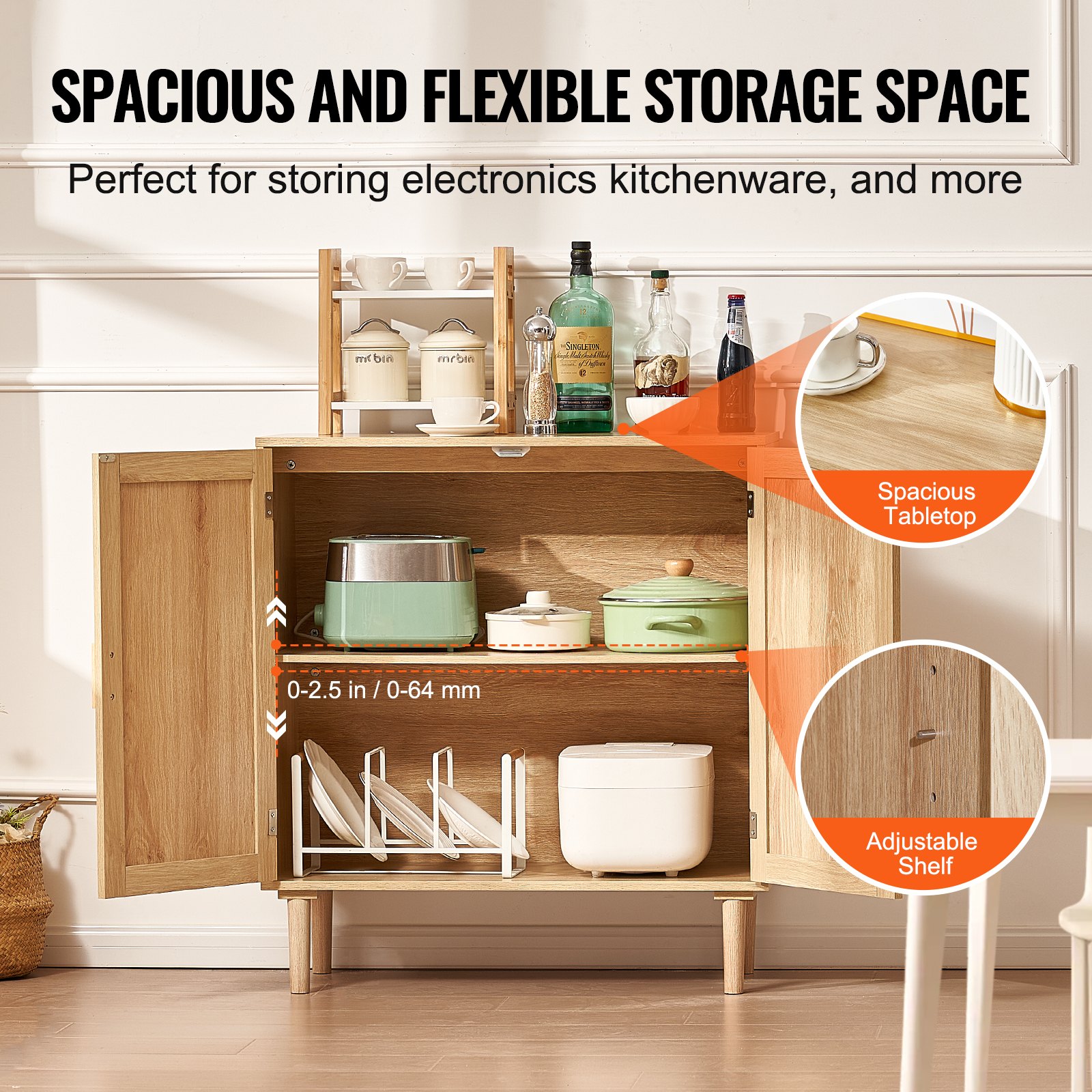 VEVOR Aparador de Ratán de 800 x 375 x 880 mm con 2 Puertas Magnéticas y Estantes Ajustables, Armario de Ratán Aparador Tipo Buffet para Pasillo, Entrada, Sala de Estar o Cocina, Color Madera