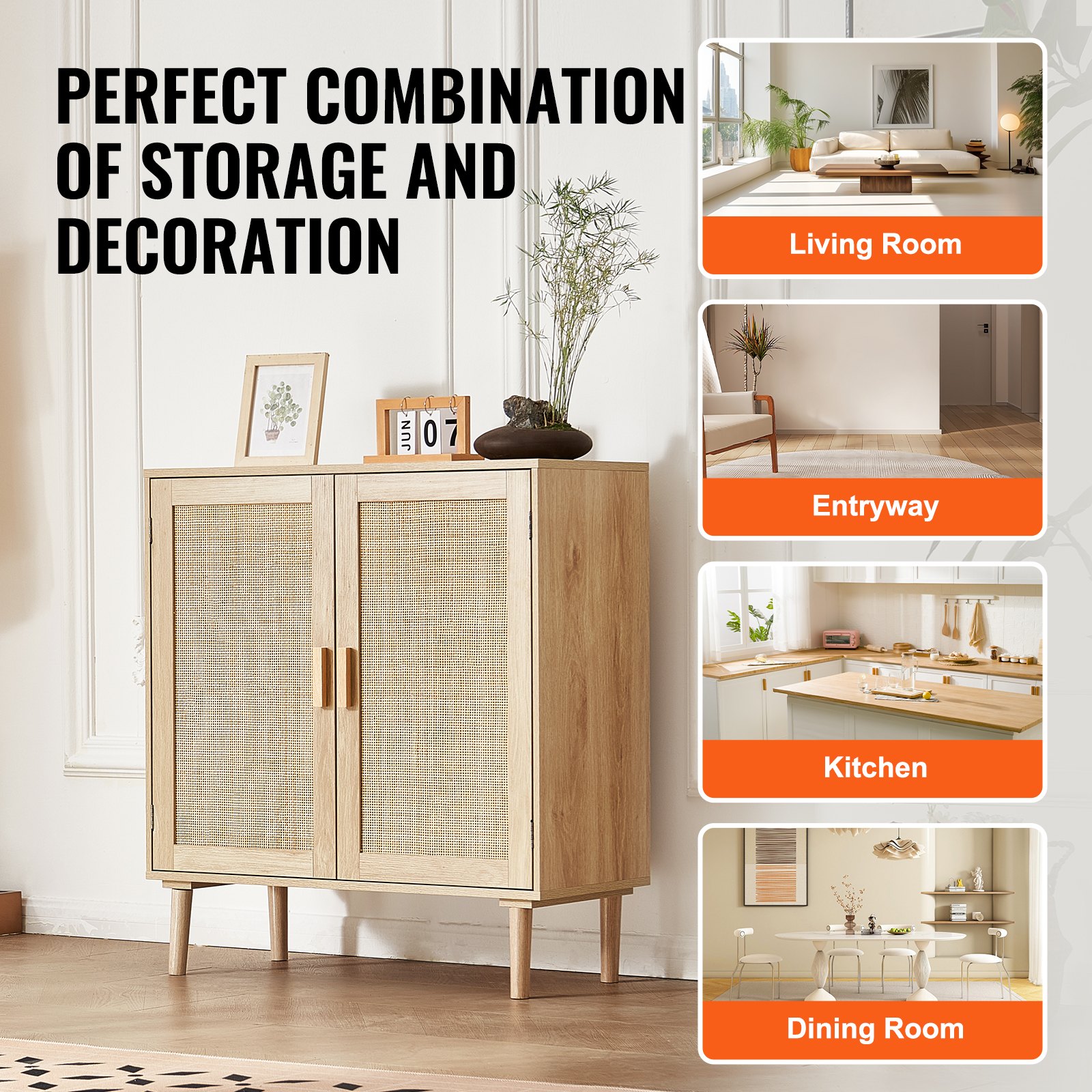 VEVOR Aparador de Ratán de 800 x 375 x 880 mm con 2 Puertas Magnéticas y Estantes Ajustables, Armario de Ratán Aparador Tipo Buffet para Pasillo, Entrada, Sala de Estar o Cocina, Color Madera