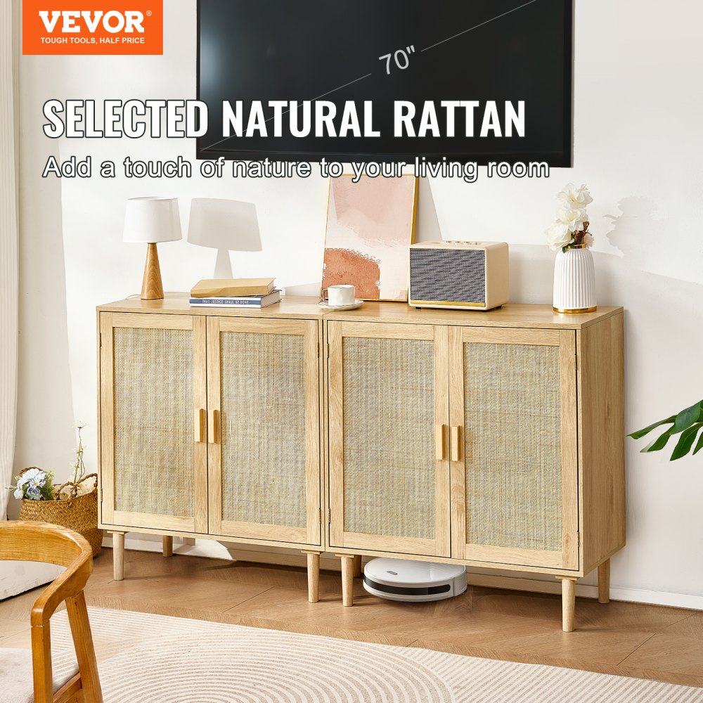 VEVOR 2 Juegos de Aparadores de Ratán de 800 x 375 x 880 mm con 4 Puertas Magnéticas y Estantes Ajustables, Armario de Ratán Aparador Buffet para Pasillo, Entrada, Sala de Estar o Cocina, Color Madera