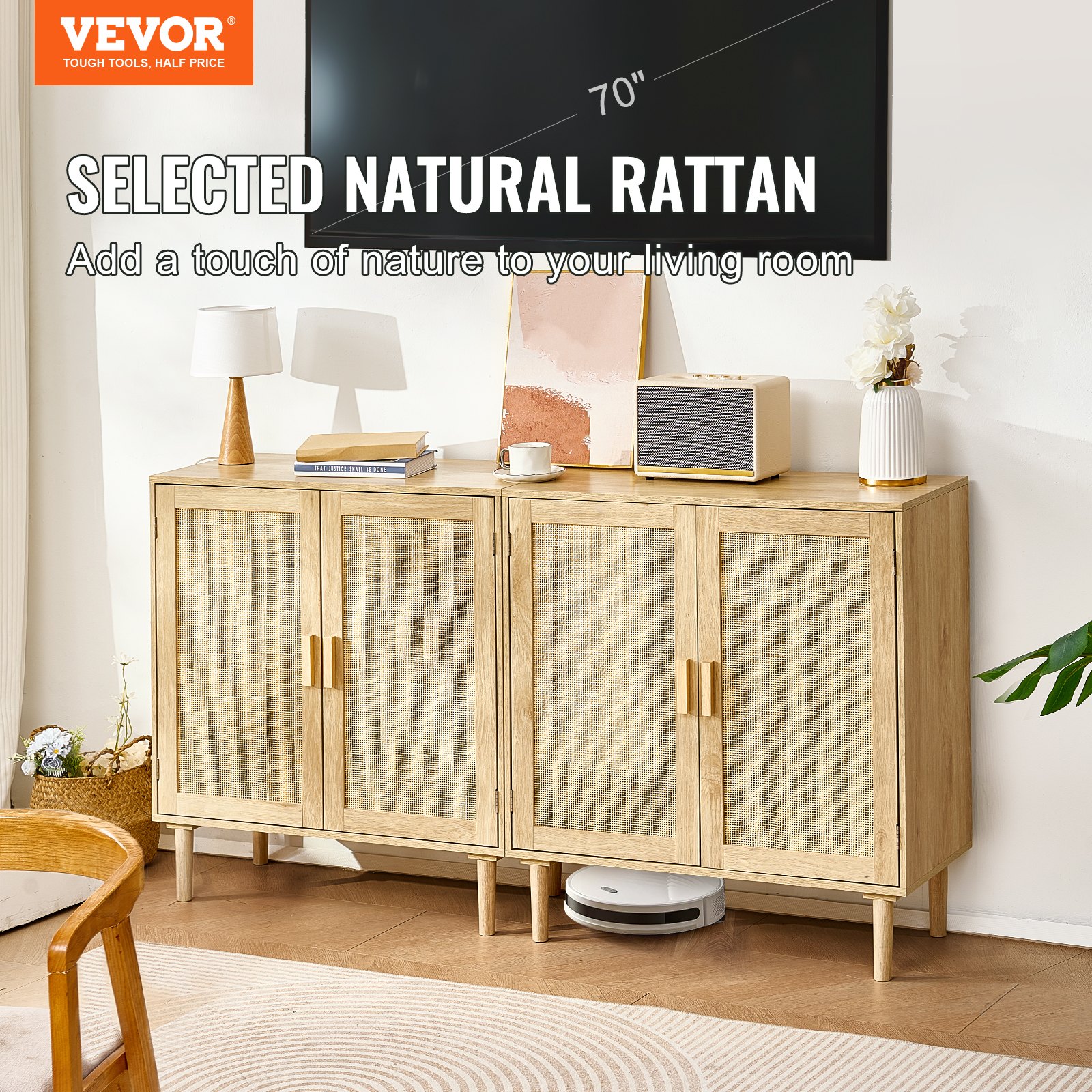VEVOR 2 Juegos de Aparadores de Ratán de 800 x 375 x 880 mm con 4 Puertas Magnéticas y Estantes Ajustables, Armario de Ratán Aparador Buffet para Pasillo, Entrada, Sala de Estar o Cocina, Color Madera