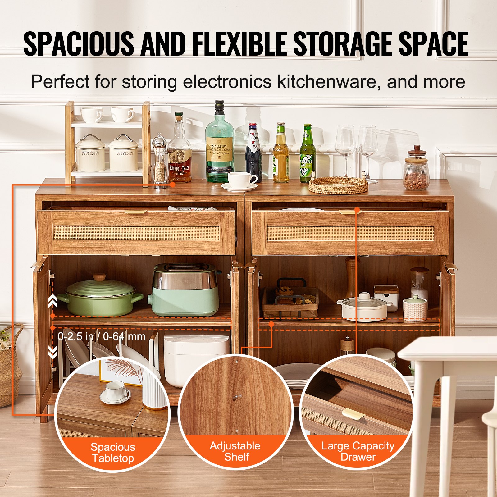 VEVOR 2 Juegos de Aparadores de Ratán de 750 x 360 x 860 mm con 4 Puertas Magnéticas, 2 Cajones y Estantes Ajustables, Armario de Ratán para Pasillo, Entrada, Sala de Estar o Cocina, Color Madera