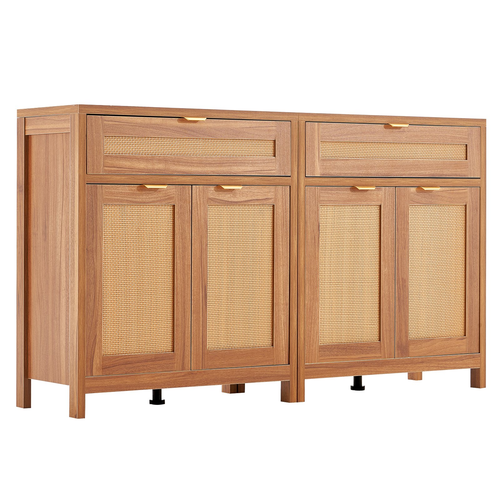 VEVOR 2 Juegos de Aparadores de Ratán de 750 x 360 x 860 mm con 4 Puertas Magnéticas, 2 Cajones y Estantes Ajustables, Armario de Ratán para Pasillo, Entrada, Sala de Estar o Cocina, Color Madera