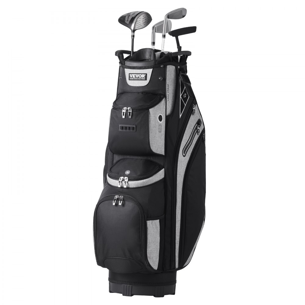 Bolsa para carrito de golf VEVOR en color negro y gris con múltiples bolsillos con cremallera y palos de golf insertados