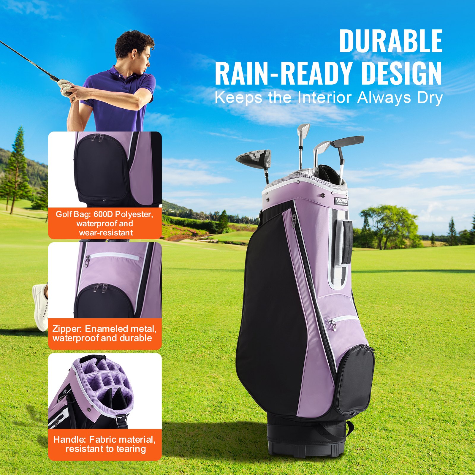 VEVOR Bolsa para carrito de golf con organizador de 14 vías en la parte superior, bolsa para carrito premium de 36 pulgadas con múltiples bolsillos, bolsas de golf duraderas con asas, cubierta antipolvo y correa desmontable para hombres y mujeres, negro y morado