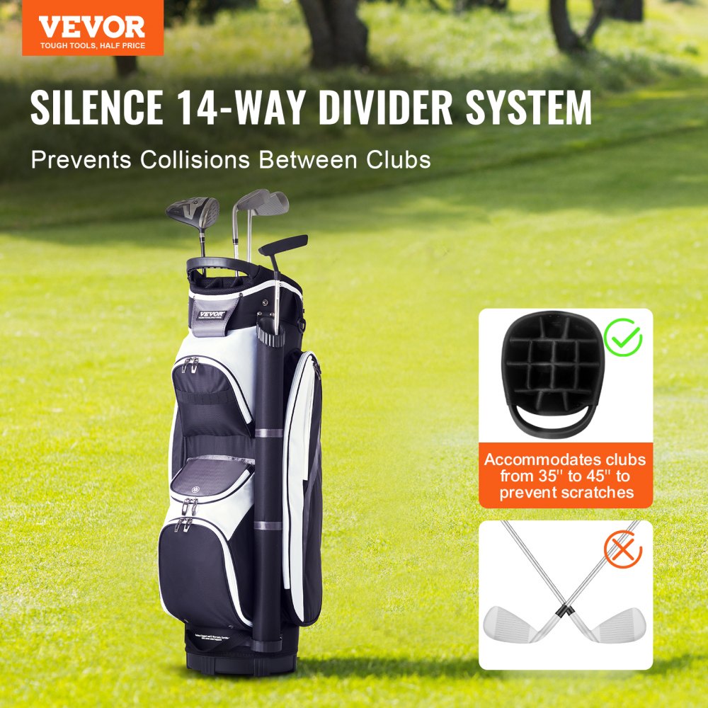 VEVOR Golf Cart Bag with 14-Way Top Organizer Divider, 36-Inch Premium Nylon Cart Bag with Multiple Pockets, Durable Golf Bags with Handles, Dust Cover, and Detachable Straps for Men and Women, Black Color Block Design