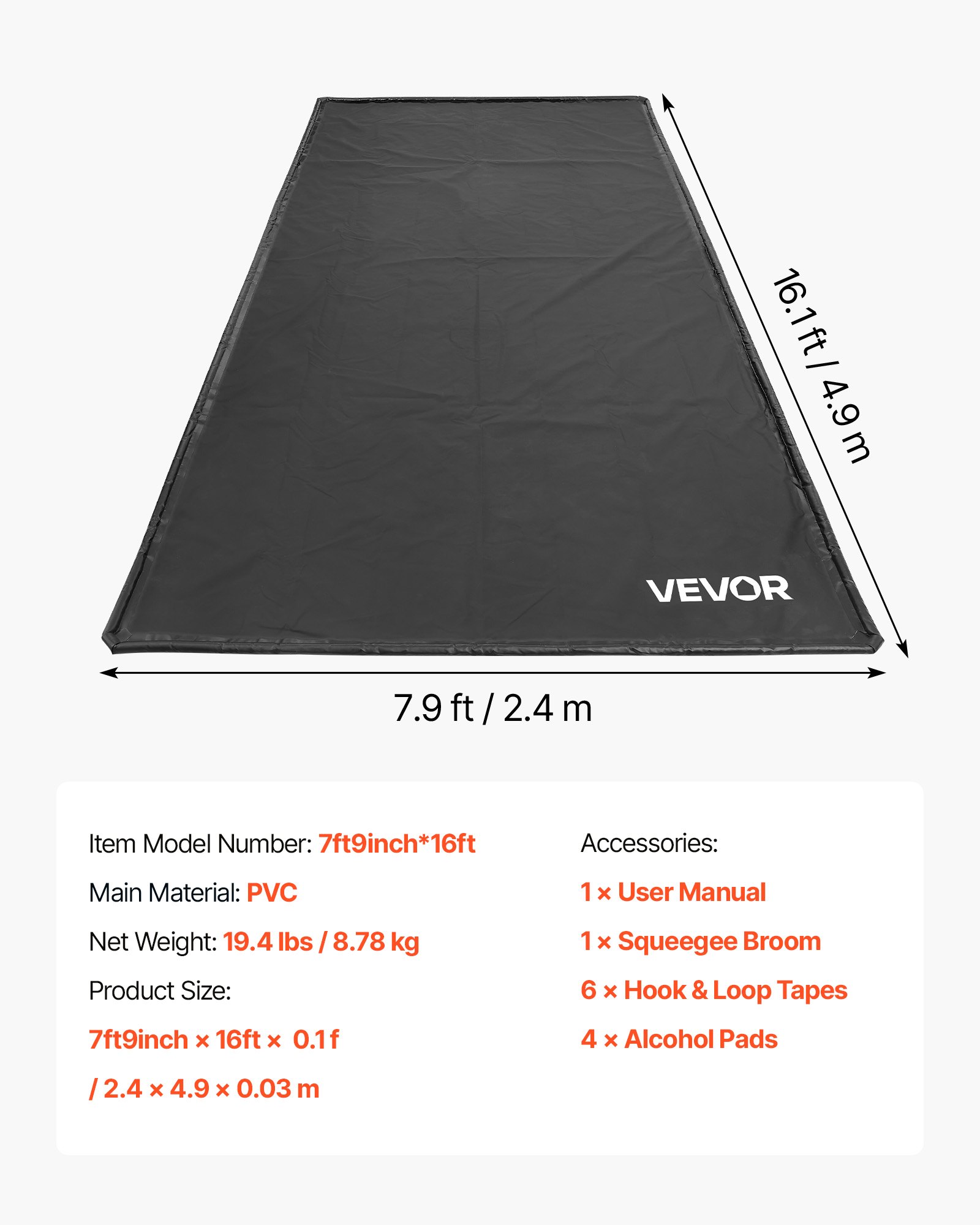 VEVOR Containment Mat, 2.4 x 4.9 m, Non-Slip PVC Garage Floor Mat with a Cleaning Squeegee Broom, Heavy Duty Durable Waterproof Containment Protection from Snow, Rain and Mud for Cars Parking, Black