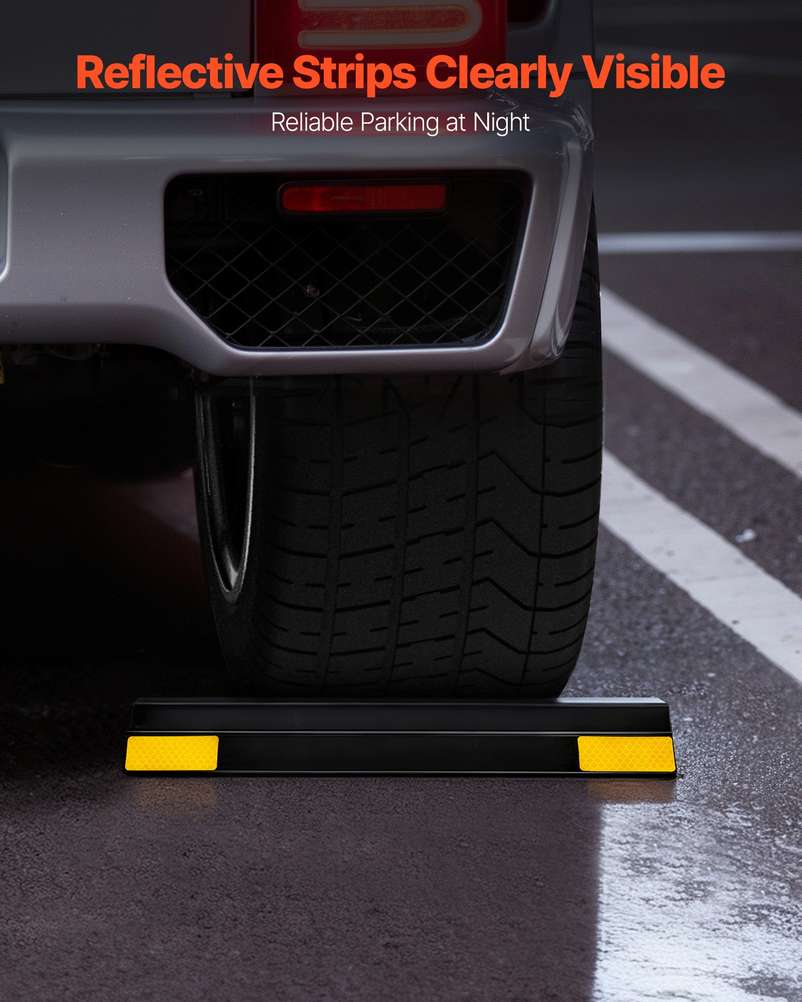 VEVOR Topes de Estacionamiento, 2 uds, Ayuda para Aparcar en Garajes, Limitador de Plaza de Aparcamiento con Bandas Reflectantes, PP, para Coches, Furgonetas y Camiones, 406 x 95 x 45 mm, Negro
