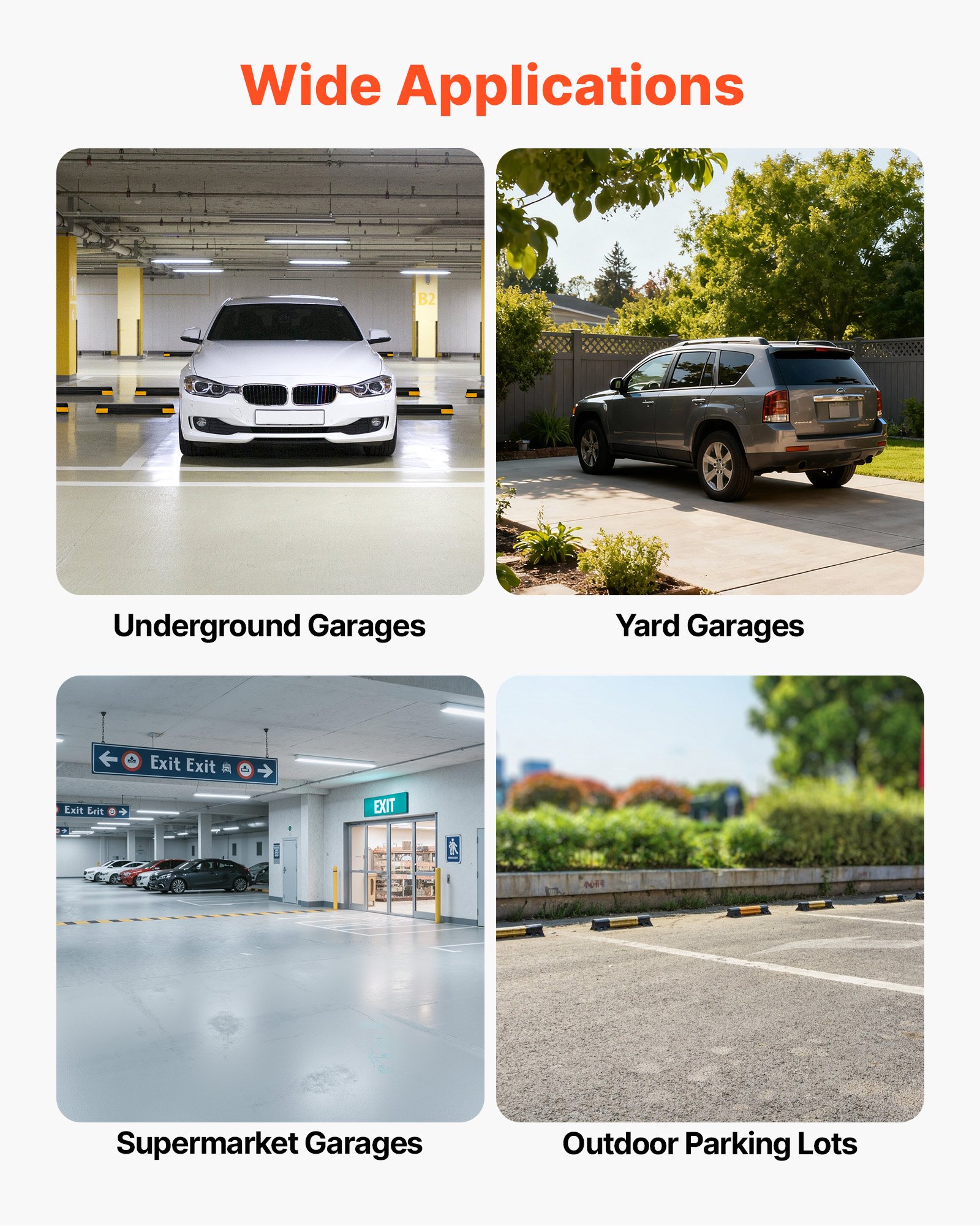 VEVOR Topes de Estacionamiento, 2 uds, Ayuda para Aparcar en Garajes, Limitador de Plaza de Aparcamiento con Bandas Reflectantes, PP, para Coches, Furgonetas y Camiones, 406 x 95 x 45 mm, Negro