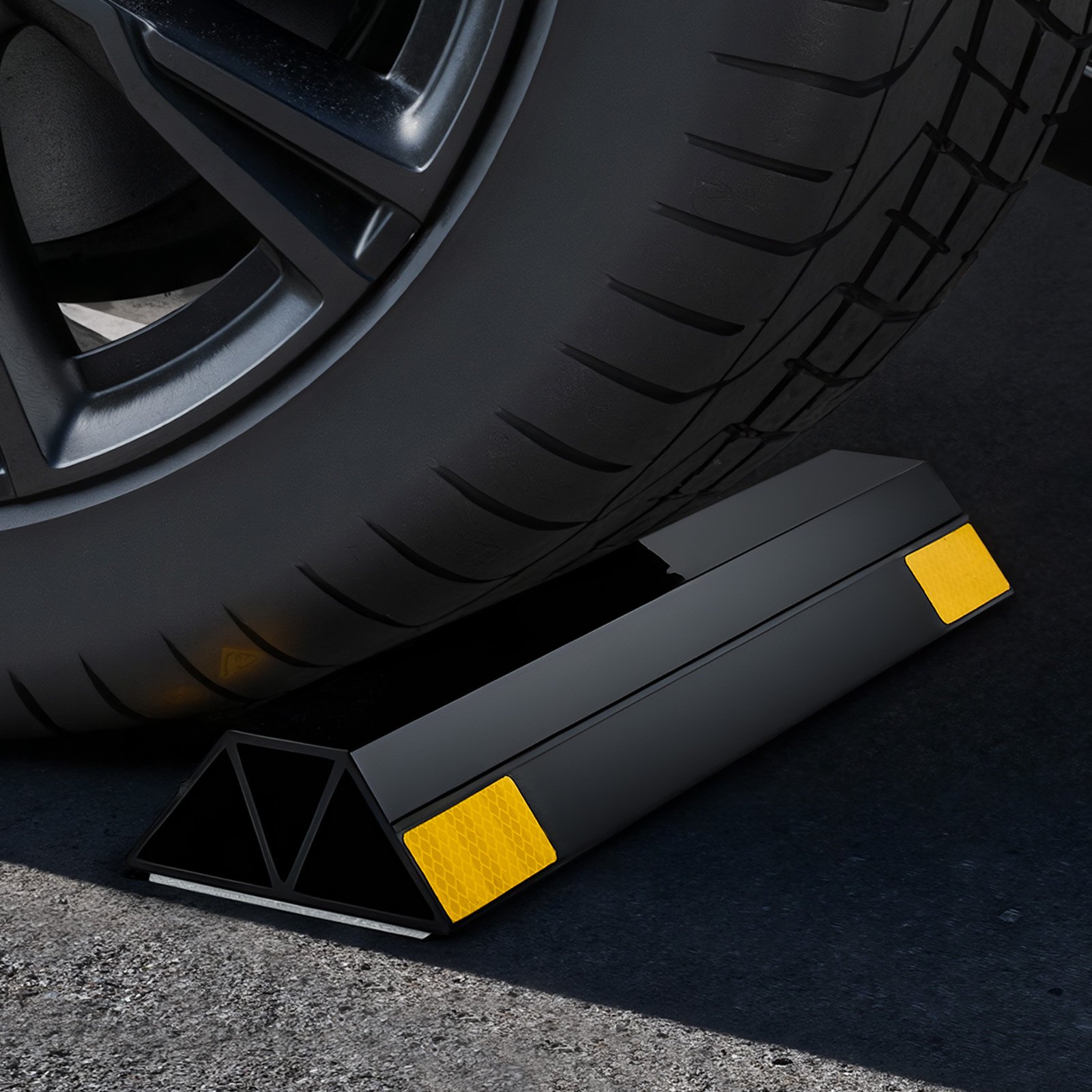 VEVOR Topes de Estacionamiento, 2 uds, Ayuda para Aparcar en Garajes, Limitador de Plaza de Aparcamiento con Bandas Reflectantes, PP, para Coches, Furgonetas y Camiones, 406 x 95 x 45 mm, Negro