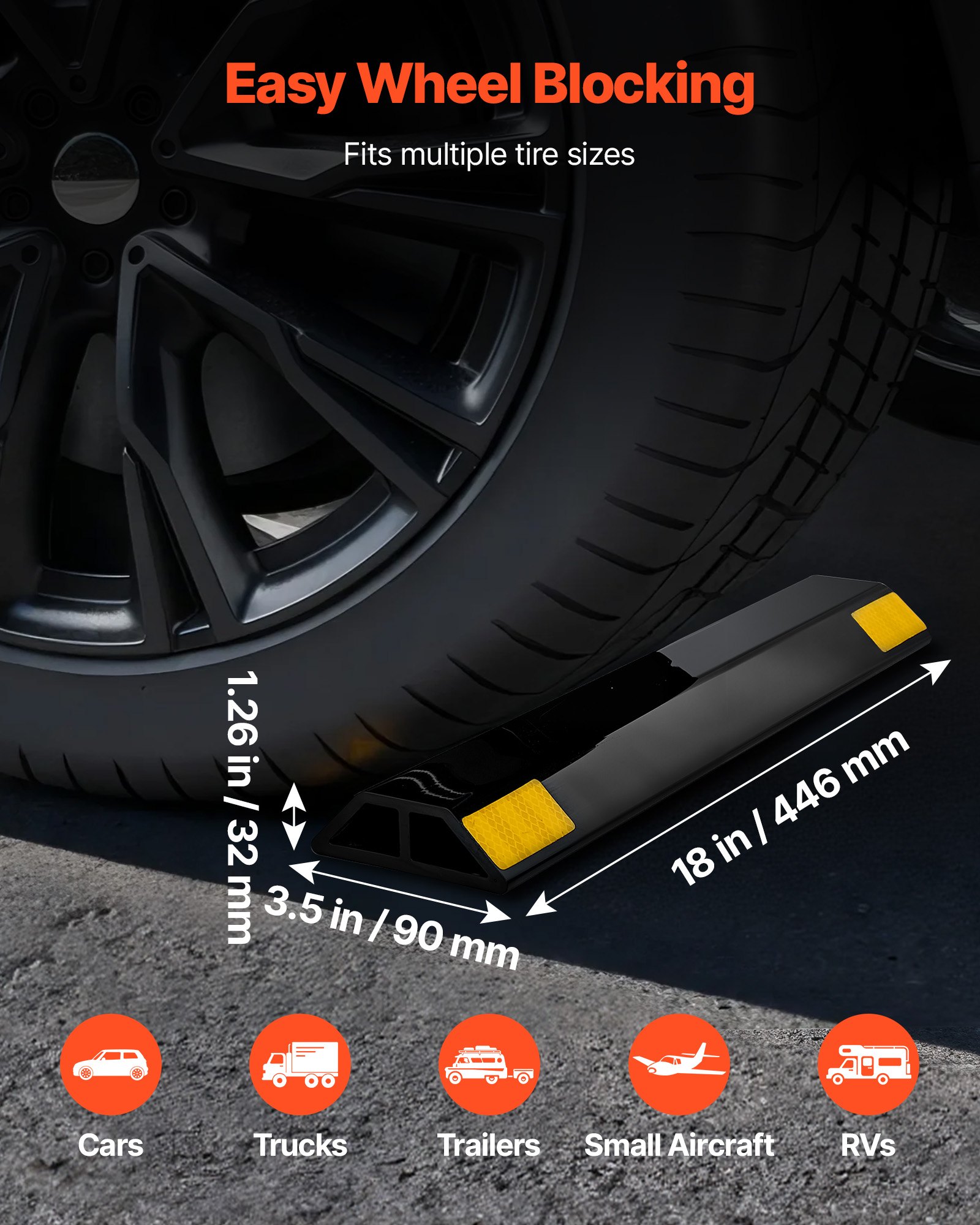 VEVOR Topes de Estacionamiento, 2 uds, 446 x 90 x 32 mm, Limitadores de Estacionamiento con Bandas Reflectantes, Fabricados en PP Resistente para Coches, Furgonetas y Camiones. Guías de Rueda