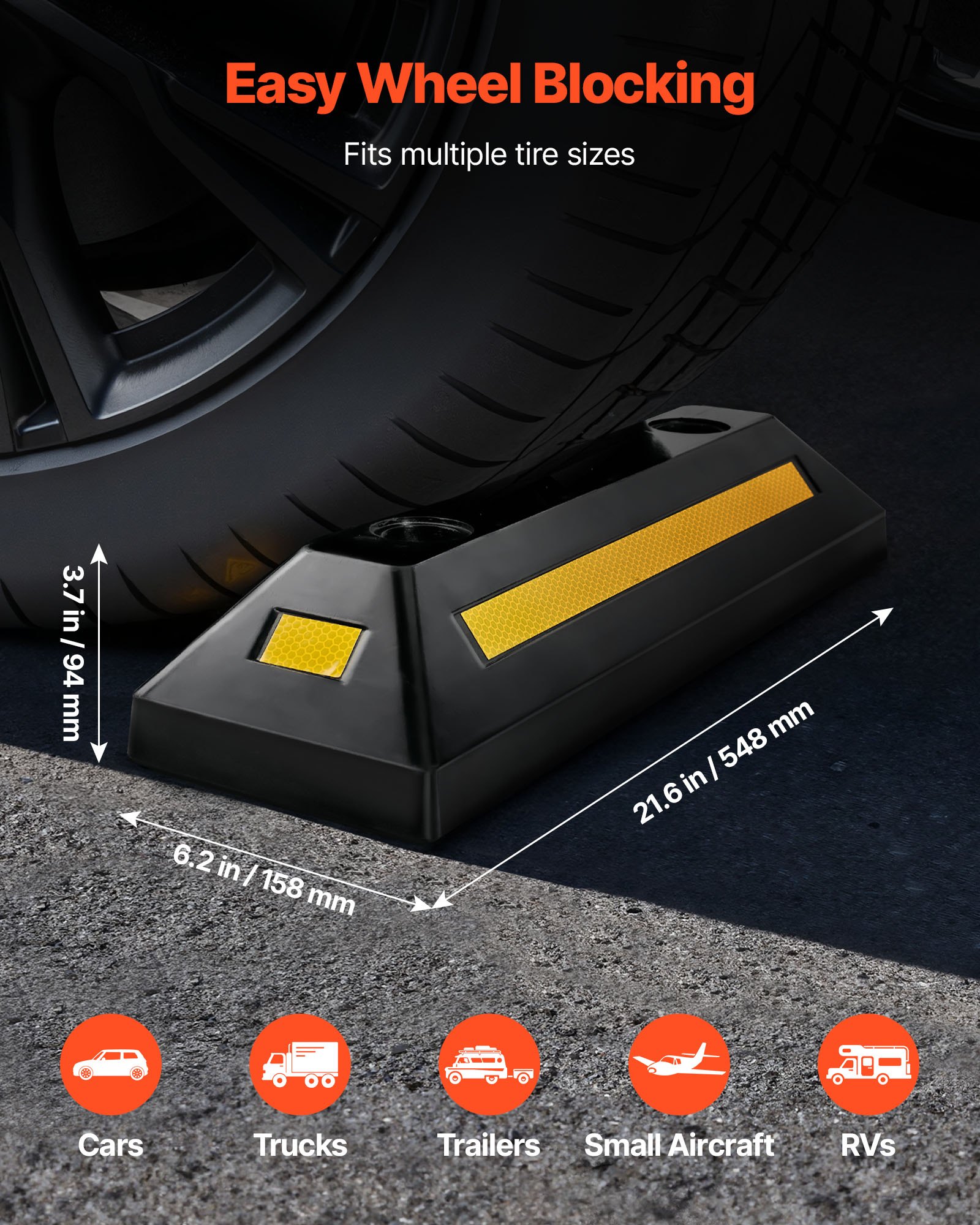 VEVOR Topes de Estacionamiento, Topes de Rueda, 2 Unidades, 548 x 158 x 94 mm, con Bandas Reflectantes, Barrera de Estacionamiento de Goma para Coches, Furgonetas y Camiones, Guía de Rueda, Negro