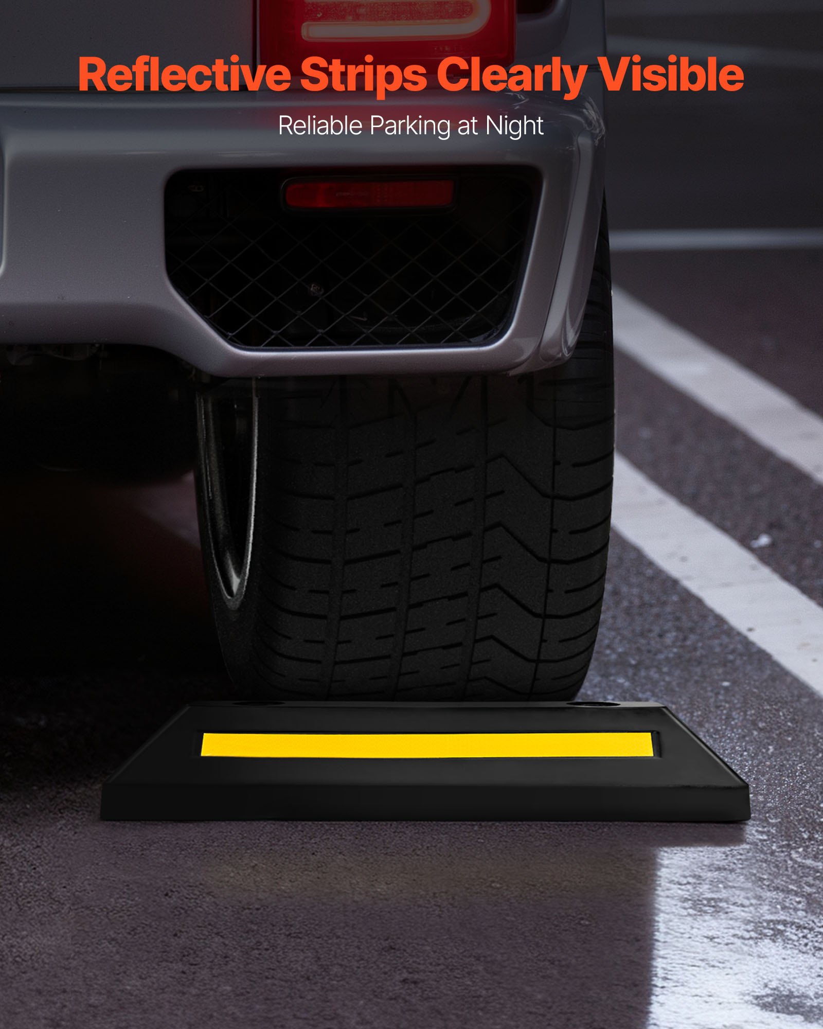 VEVOR Topes de Estacionamiento, Topes de Rueda, 2 Unidades, 548 x 158 x 94 mm, con Bandas Reflectantes, Barrera de Estacionamiento de Goma para Coches, Furgonetas y Camiones, Guía de Rueda, Negro
