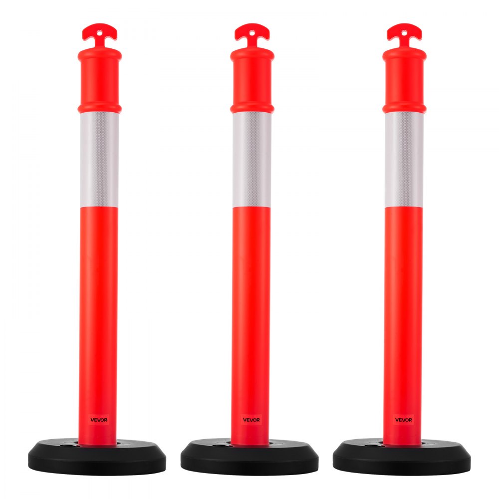 VEVOR Postes de Tráfico 3 Piezas Bolardo de Tráfico 1140 mm con Base Rellenable y Banda Reflectante Postes de Barrera para Estacionamiento, Garajes, Estadios Deportivos, Lugares de Exhibición, Rojo