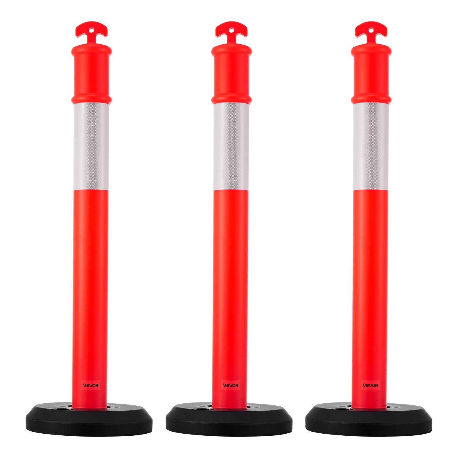 VEVOR Postes de Tráfico 3 Piezas Bolardo de Tráfico 1140 mm con Base Rellenable y Banda Reflectante Postes de Barrera para Estacionamiento, Garajes, Estadios Deportivos, Lugares de Exhibición, Rojo
