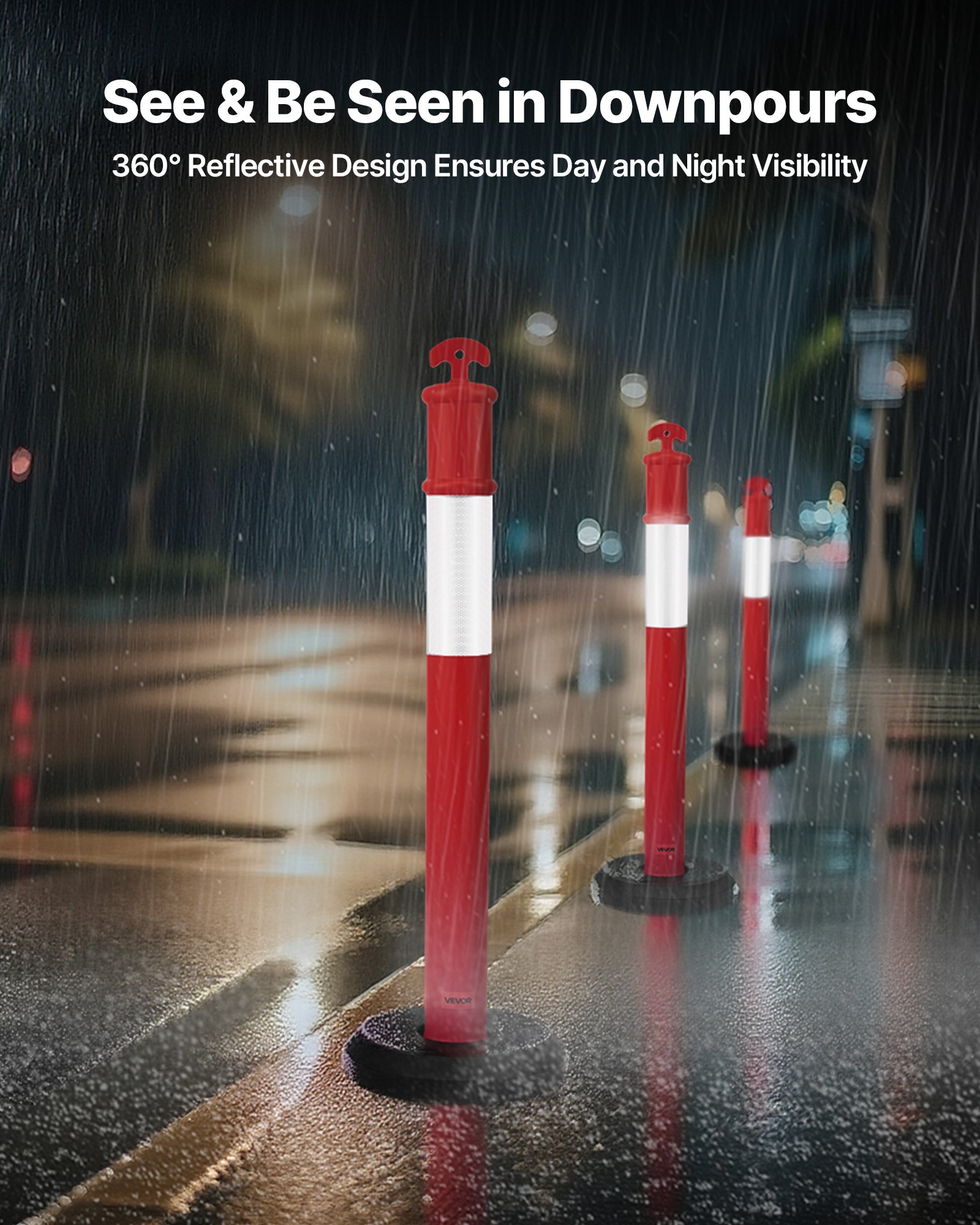 VEVOR Postes de Tráfico 6 Piezas Bolardo de Tráfico 1140 mm con Base Rellenable y Banda Reflectante Postes de Barrera para Estacionamiento, Garajes, Estadios Deportivos, Lugares de Exhibición, Rojo