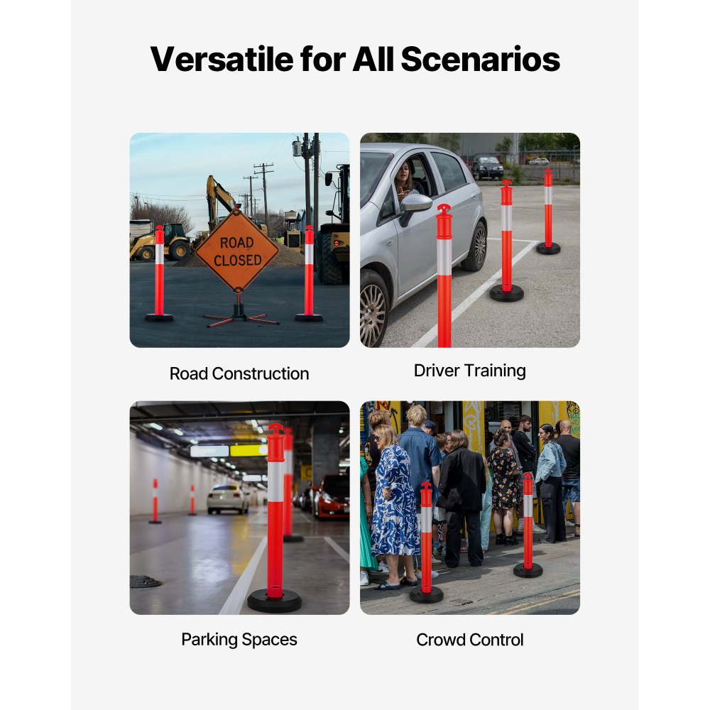 VEVOR Postes de Tráfico 9 Piezas Bolardo de Tráfico 1140 mm con Base Rellenable y Banda Reflectante Postes de Barrera para Estacionamiento, Garajes, Estadios Deportivos, Lugares de Exhibición, Rojo