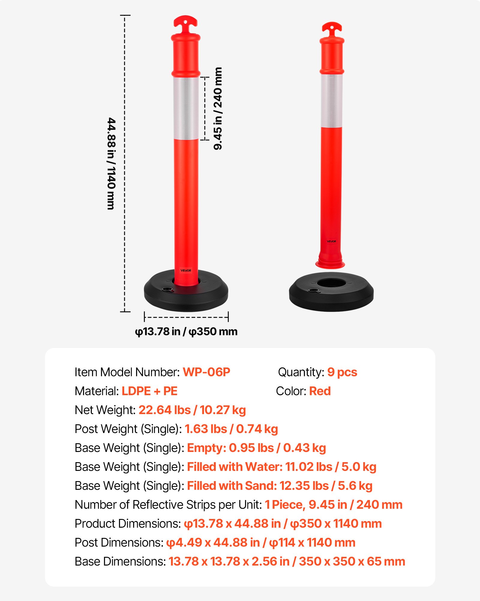 VEVOR Postes de Tráfico 9 Piezas Bolardo de Tráfico 1140 mm con Base Rellenable y Banda Reflectante Postes de Barrera para Estacionamiento, Garajes, Estadios Deportivos, Lugares de Exhibición, Rojo