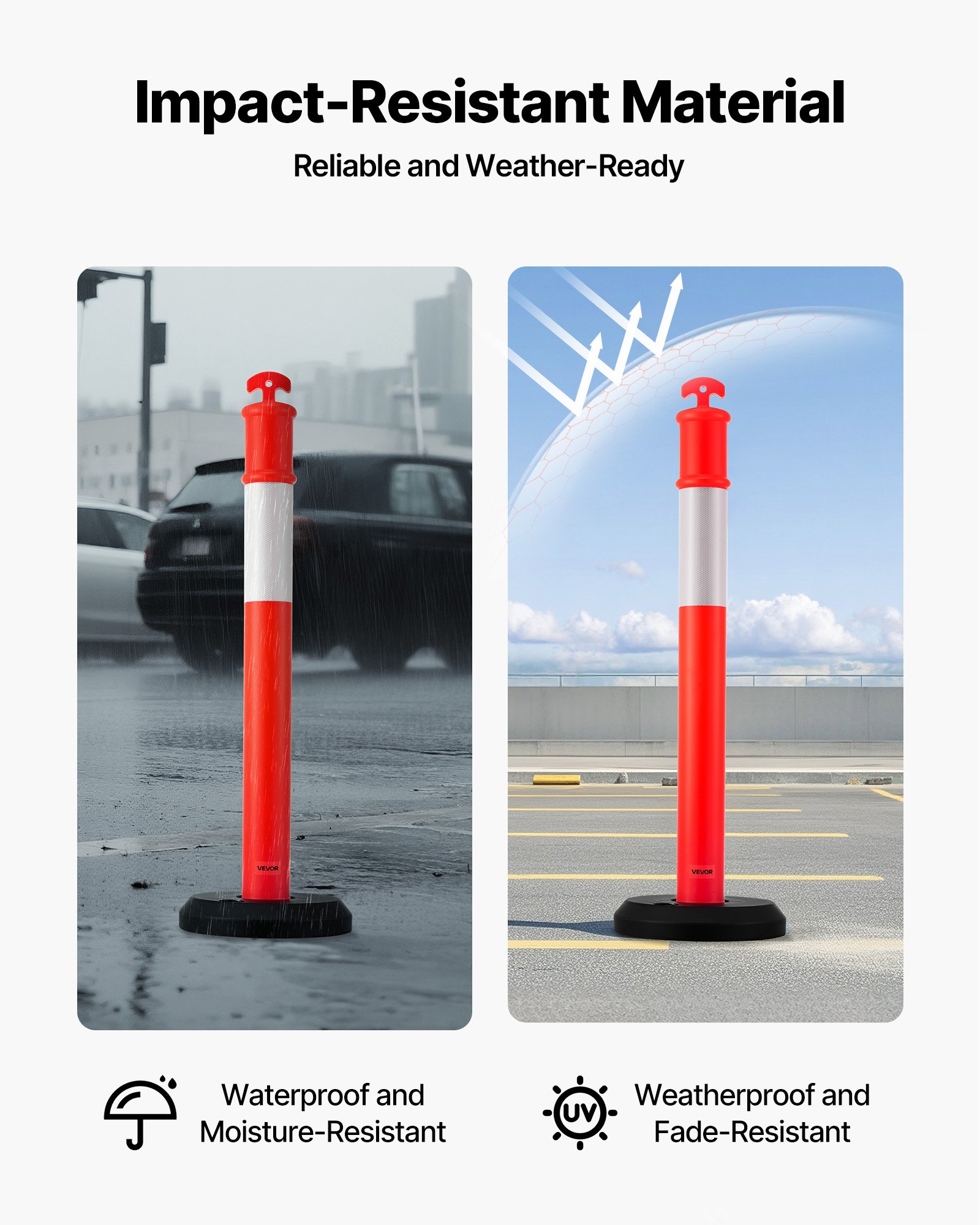 VEVOR Postes de Tráfico 2 Piezas Bolardo de Tráfico 1140 mm con Base Rellenable y Banda Reflectante Postes de Barrera para Estacionamiento, Garajes, Estadios Deportivos, Lugares de Exhibición, Rojo