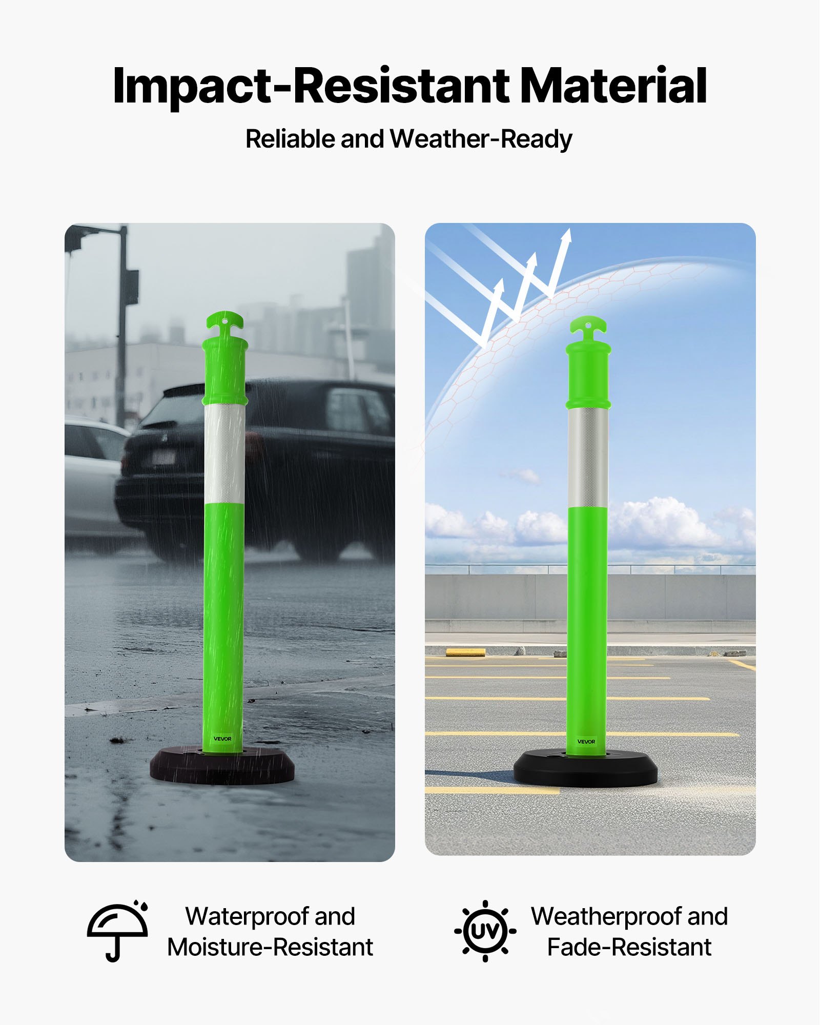 VEVOR Postes de Tráfico 3 Piezas Bolardo de Tráfico 1140 mm con Base Rellenable y Banda Reflectante Postes de Barrera para Estacionamiento, Garajes, Estadios Deportivos, Lugares de Exhibición, Verde