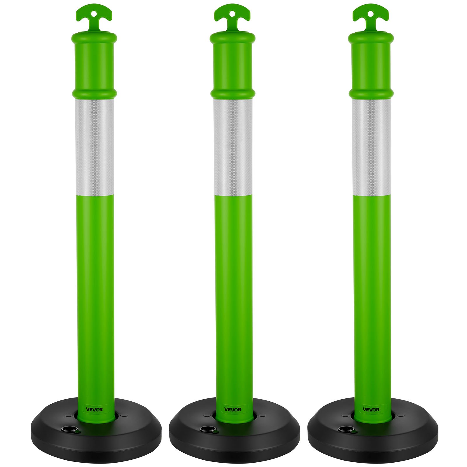 VEVOR Postes de Tráfico 3 Piezas Bolardo de Tráfico 1140 mm con Base Rellenable y Banda Reflectante Postes de Barrera para Estacionamiento, Garajes, Estadios Deportivos, Lugares de Exhibición, Verde
