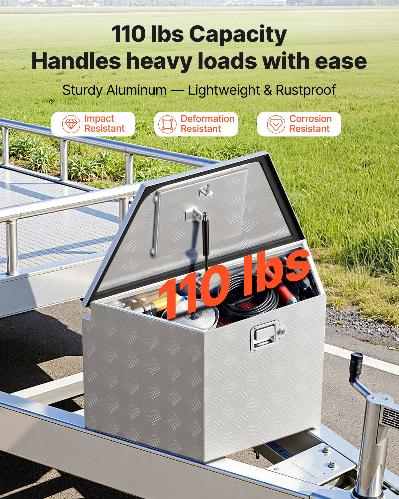 VEVOR Caja de Herramientas para Remolque de Aluminio, 838 x 483 x 457 mm, Caja de Transporte de Gran Capacidad, Alta Resistencia, con Cerradura y Llaves para Camioneta RV Todoterreno Autocaravana SUV