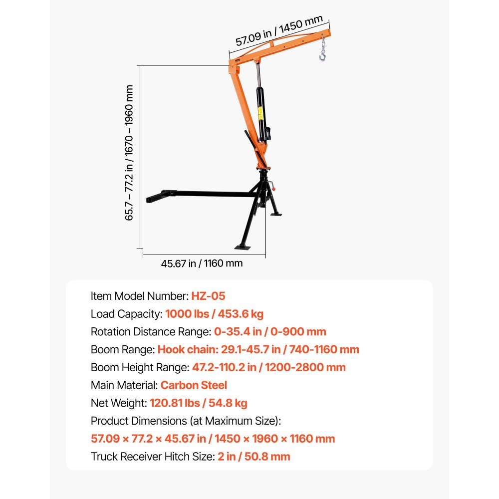 VEVOR Grúa para Camioneta Capacidad de Carga 453,6 kg, con Gato Hidráulico de 8 T, Pluma Telescópica Rotación 360°, Base de Acero, Grúa Pickup Plegable para Elevación de Equipos, Fardos de Pienso