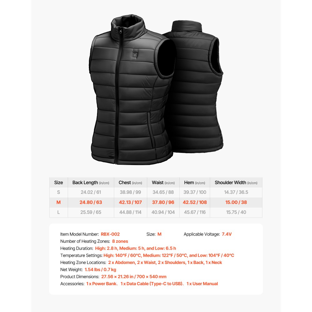 VEVOR Chaleco Calefactable para Mujer, con Batería de 16000 mAh y 8 Zonas de Calentamiento, Recargable, de Invierno, con 3 Niveles de Temperatura, para Actividades al Aire Libre, Talla M, Negro