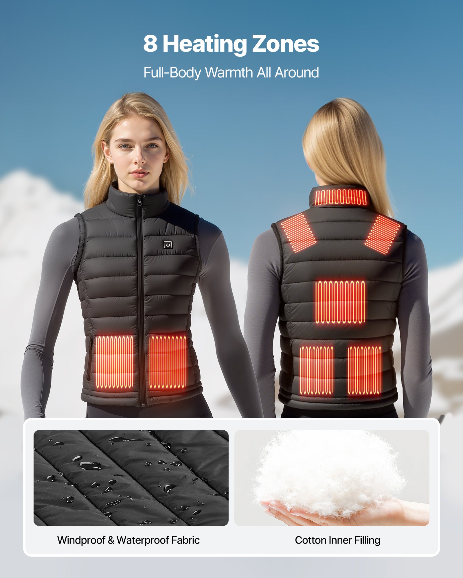 VEVOR Chaleco Calefactable para Mujer, con Batería de 16000 mAh y 8 Zonas de Calentamiento, Recargable, de Invierno, con 3 Niveles de Temperatura, para Actividades al Aire Libre, Talla M, Negro