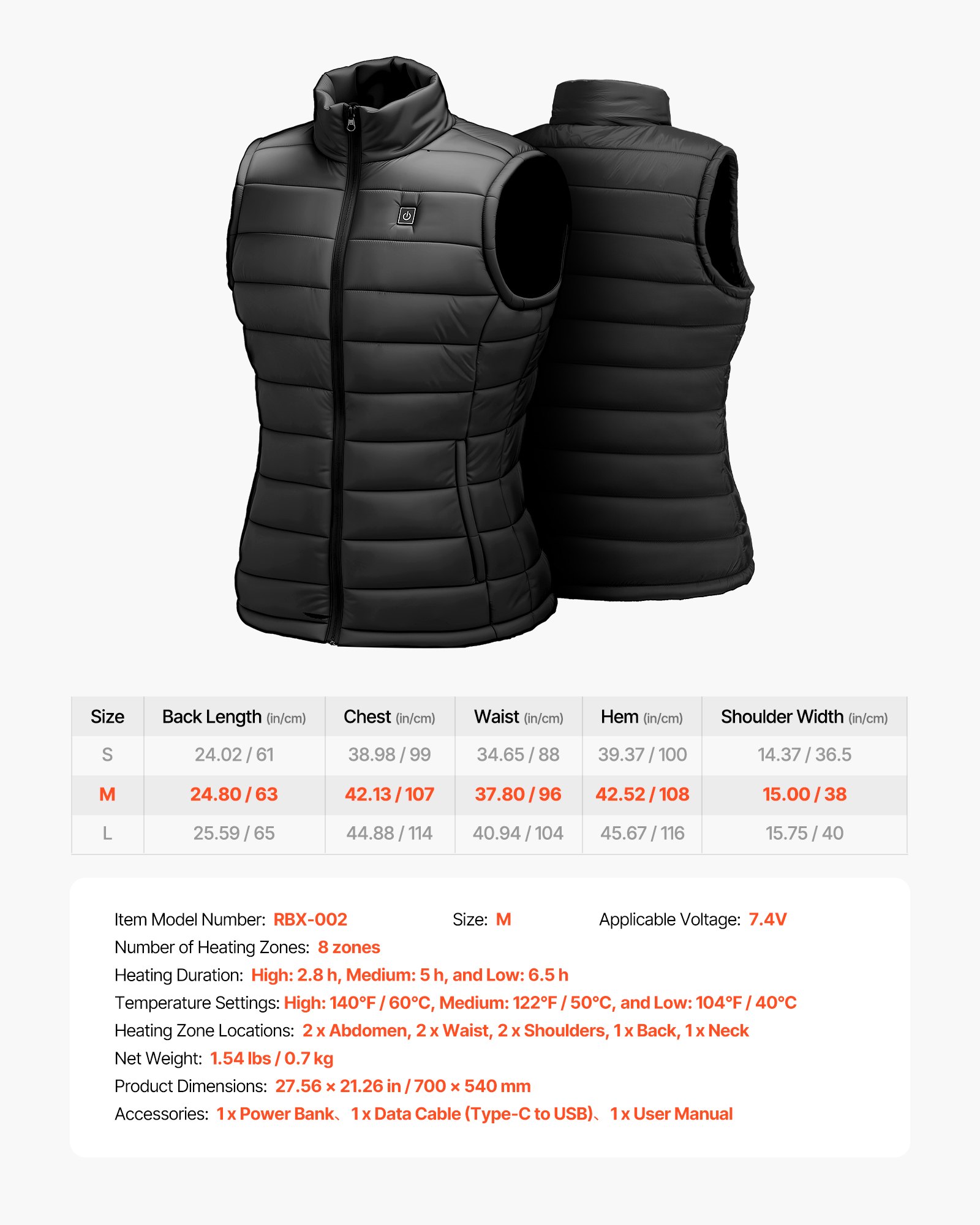 VEVOR Chaleco Calefactable para Mujer, con Batería de 16000 mAh y 8 Zonas de Calentamiento, Recargable, de Invierno, con 3 Niveles de Temperatura, para Actividades al Aire Libre, Talla M, Negro