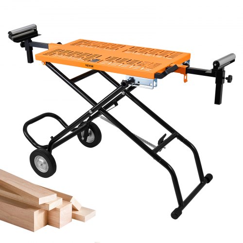 VEVOR Soporte para Sierra Ingletadora Ancho 126-250 cm con Ruedas Base Soporte para Ingletadoras Capacidad de 181 kg Carro Soporte Sierra Plegable 3 Altura Regulable 24,5/68/82 cm con Banco de Trabajo