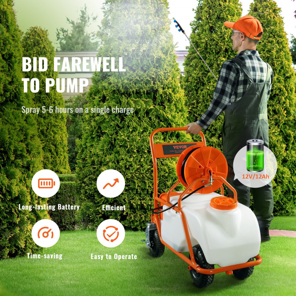 VEVOR Lawn Sprayer with Wheels, Adjustable Pressure 0-90 PSI, Sprayer with 60L Tank, with 8 Nozzles, 2 Wands, Wide Opening Lid for Garden, Weeding, Spraying