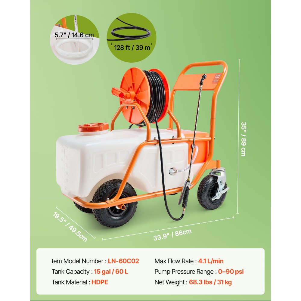VEVOR Pulverizador de Césped con Ruedas, Presión Ajustable 0-90 PSI, Pulverizador con Tanque de 60 L con 8 Boquillas, 2 Varitas, Tapa de Boca Ancha para Jardín, Desmalezado, Pulverización