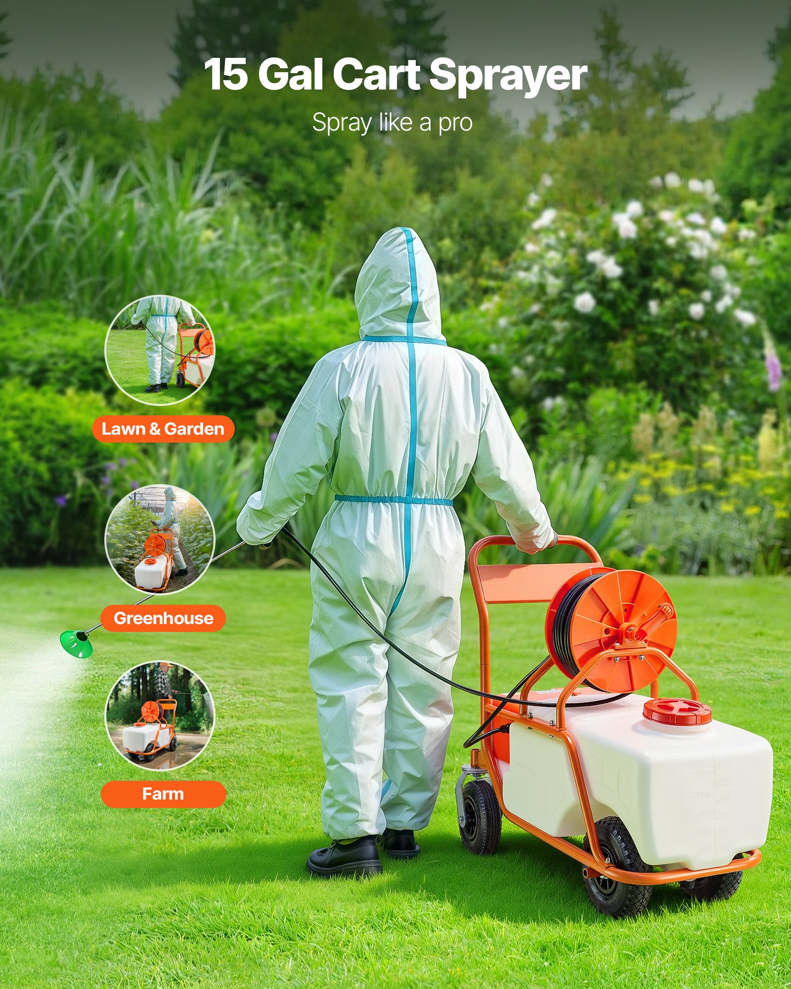 VEVOR Pulverizador de Césped con Ruedas, Presión Ajustable 0-90 PSI, Pulverizador con Tanque de 60 L con 8 Boquillas, 2 Varitas, Tapa de Boca Ancha para Jardín, Desmalezado, Pulverización