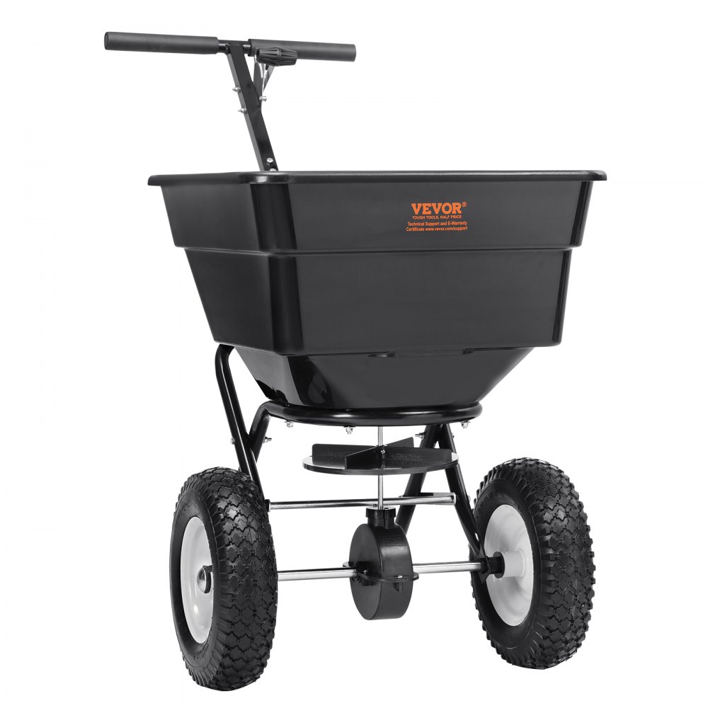 VEVOR Esparcidor de Abonos 45 kg Esparcidor de Sal Quitanieves de Semillas con Ruedas Grandes 305 mm 56 L Tolva Sembradora de Semillas de Césped de Acero para Residencial, Agrícola, Terrenos, Negro