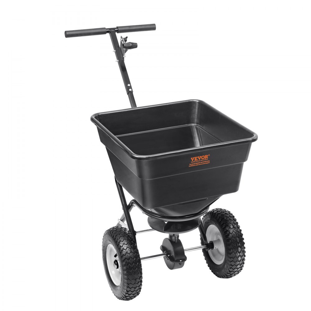 VEVOR Esparcidor de Abonos 45 kg Esparcidor de Sal Quitanieves de Semillas con Ruedas Grandes 305 mm 56 L Tolva Sembradora de Semillas de Césped de Acero para Residencial, Agrícola, Terrenos, Negro