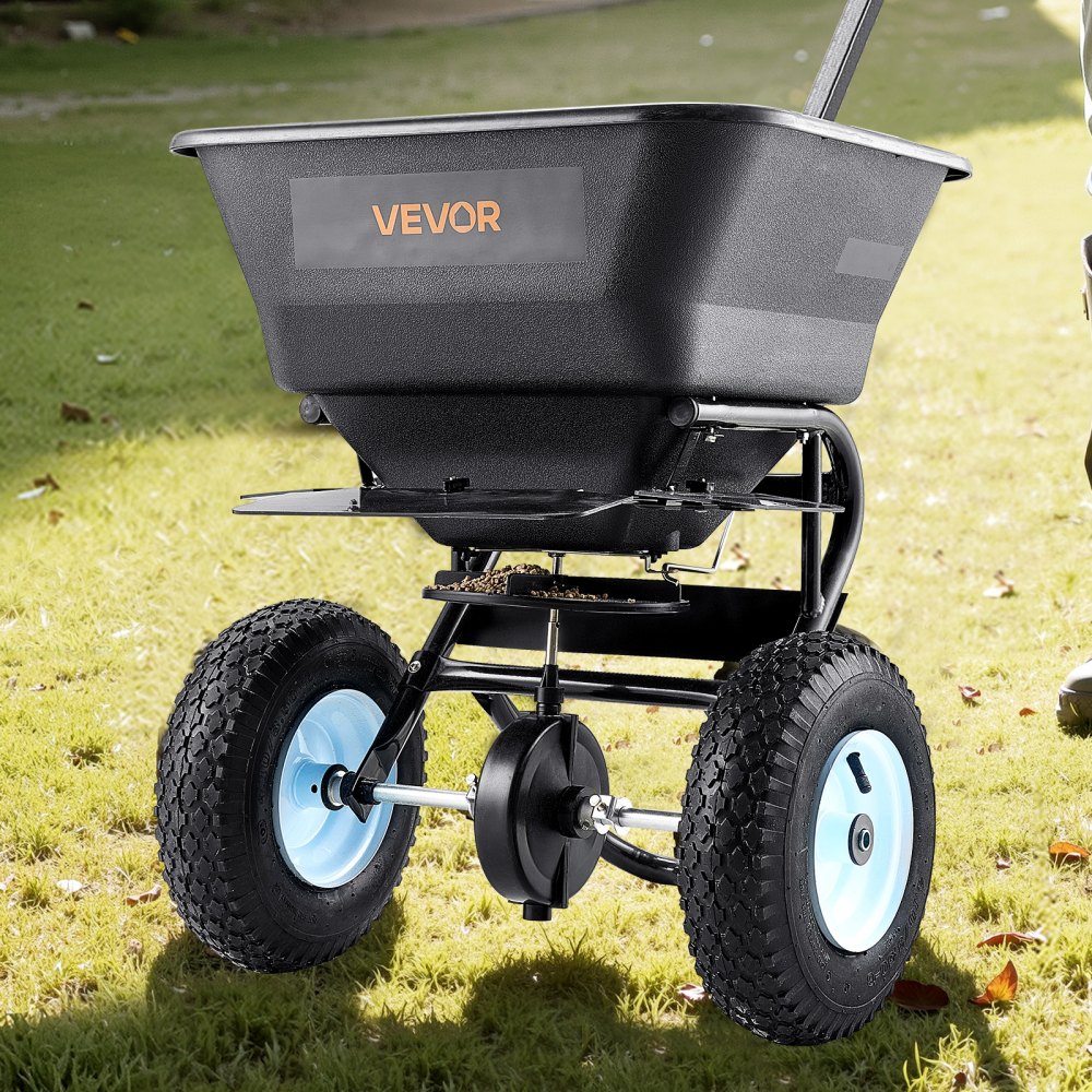 VEVOR Esparcidor de Empuje Manual Capacidad de 45,2 kg, Esparcidor de Compost con Rejilla de Tolva y Ruedas, Ancho de Esparcimiento de 0 a 3 m para Semillas y Fertilizantes, para Jardín, Césped