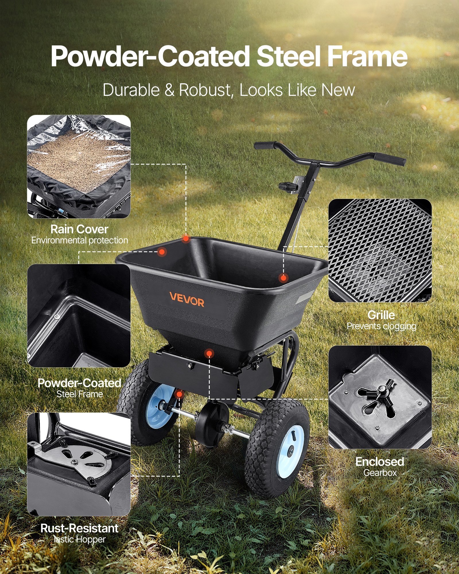 VEVOR Esparcidor de Empuje Manual Capacidad de 45,2 kg, Esparcidor de Compost con Rejilla de Tolva y Ruedas, Ancho de Esparcimiento de 0 a 3 m para Semillas y Fertilizantes, para Jardín, Césped