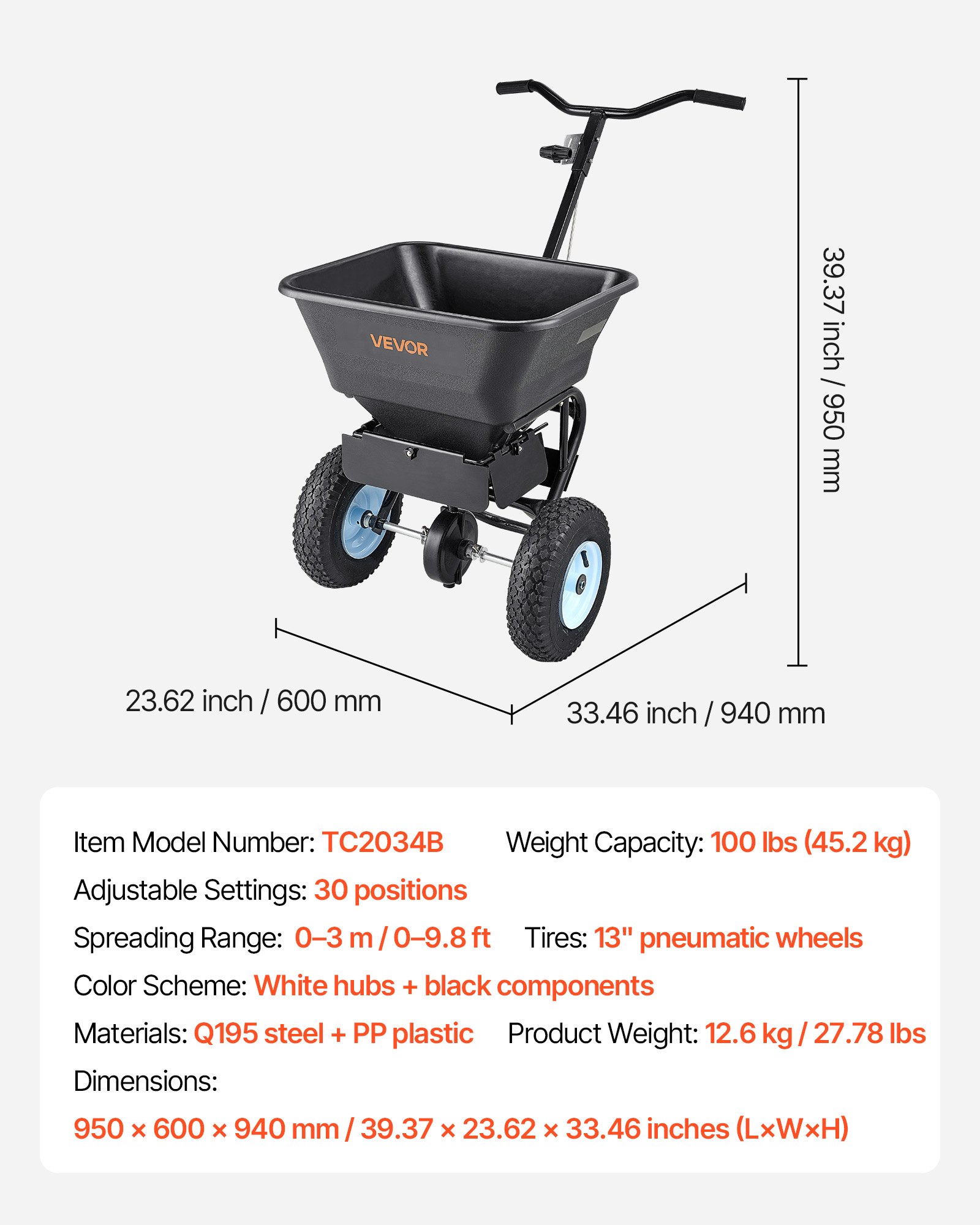 VEVOR Esparcidor de Empuje Manual Capacidad de 45,2 kg, Esparcidor de Compost con Rejilla de Tolva y Ruedas, Ancho de Esparcimiento de 0 a 3 m para Semillas y Fertilizantes, para Jardín, Césped