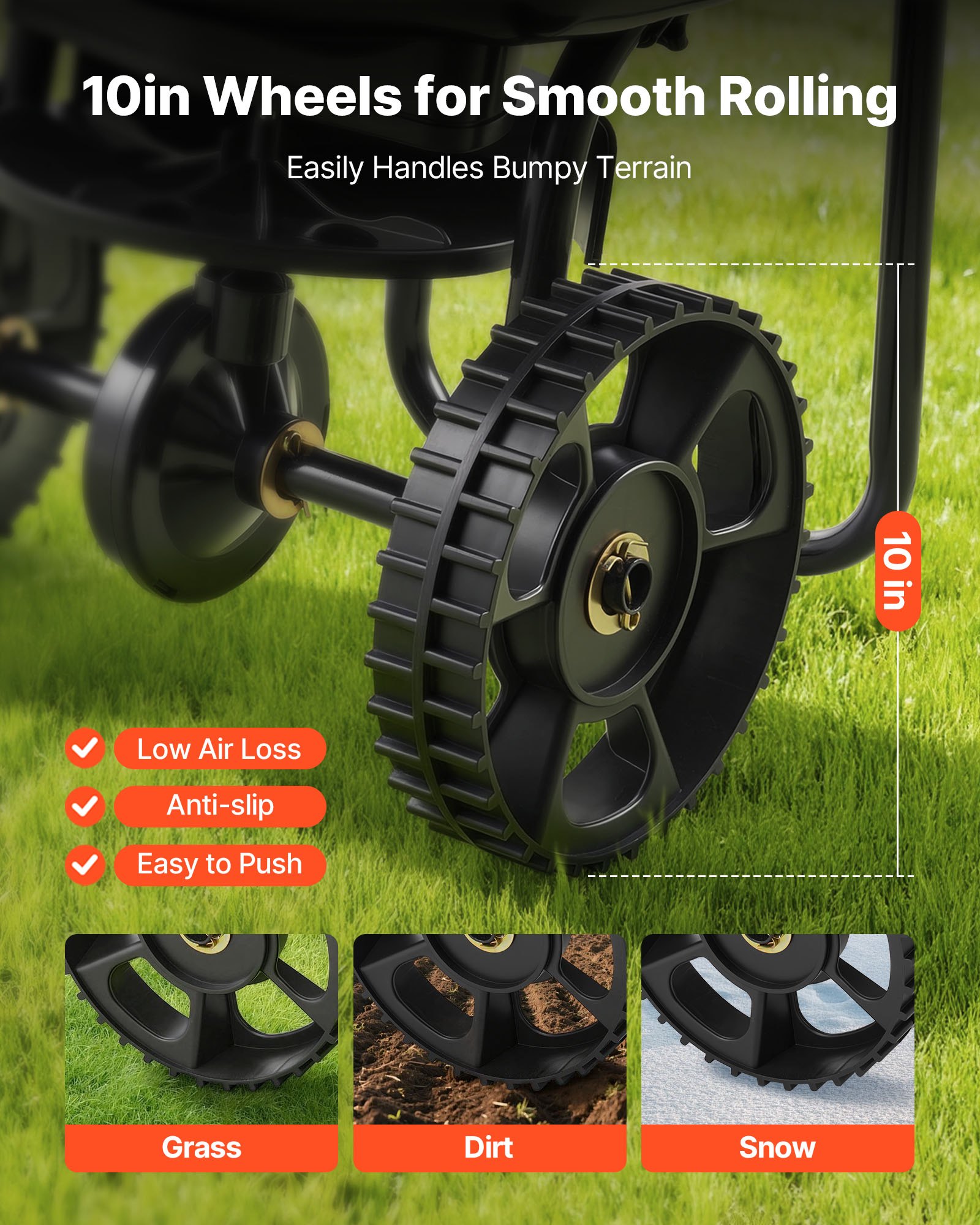 VEVOR Esparcidor de Empuje Manual Capacidad de 6,8 kg, Esparcidor de Compost con Rejilla de Tolva y Neumáticos, Ancho de Esparcimiento de 0 a 3 m para Semillas y Fertilizantes, para Jardín, Césped