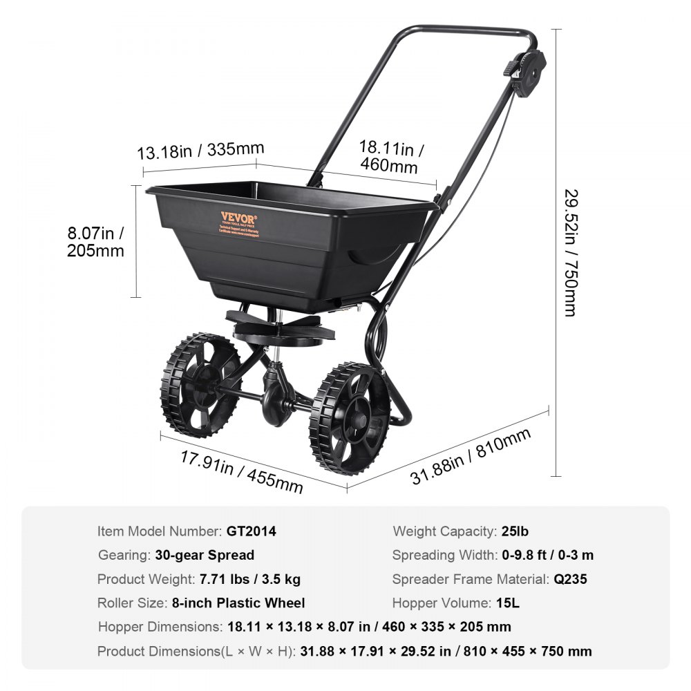 VEVOR Esparcidor de Abonos 11 kg Esparcidor de Sal Quitanieves de Semillas con Ruedas Grandes 203 mm 15 L Tolva Sembradora de Semillas de Césped de Acero para Residencial, Agrícola, Terrenos, Negro