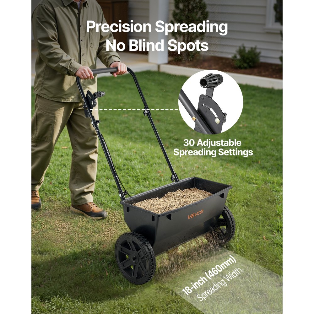 VEVOR Esparcidor de Empuje Manual Capacidad de 22,6 kg Ancho de Esparcimiento de 46 cm con Neumáticos de 25,4 cm Esparcidor de Césped con Rejilla de Tolva para Semillas, Fertilizantes, Negro