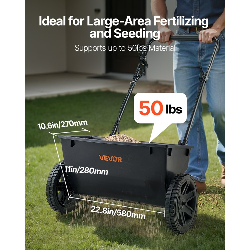 VEVOR Esparcidor de Empuje Manual Capacidad de 22,6 kg Ancho de Esparcimiento de 46 cm con Neumáticos de 25,4 cm Esparcidor de Césped con Rejilla de Tolva para Semillas, Fertilizantes, Negro