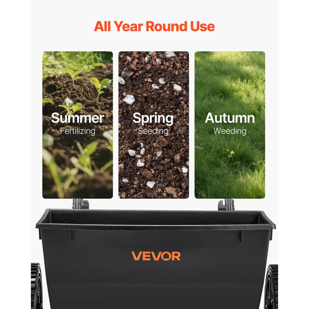 VEVOR Esparcidor de Empuje Manual Capacidad de 22,6 kg Ancho de Esparcimiento de 46 cm con Neumáticos de 25,4 cm Esparcidor de Césped con Rejilla de Tolva para Semillas, Fertilizantes, Negro