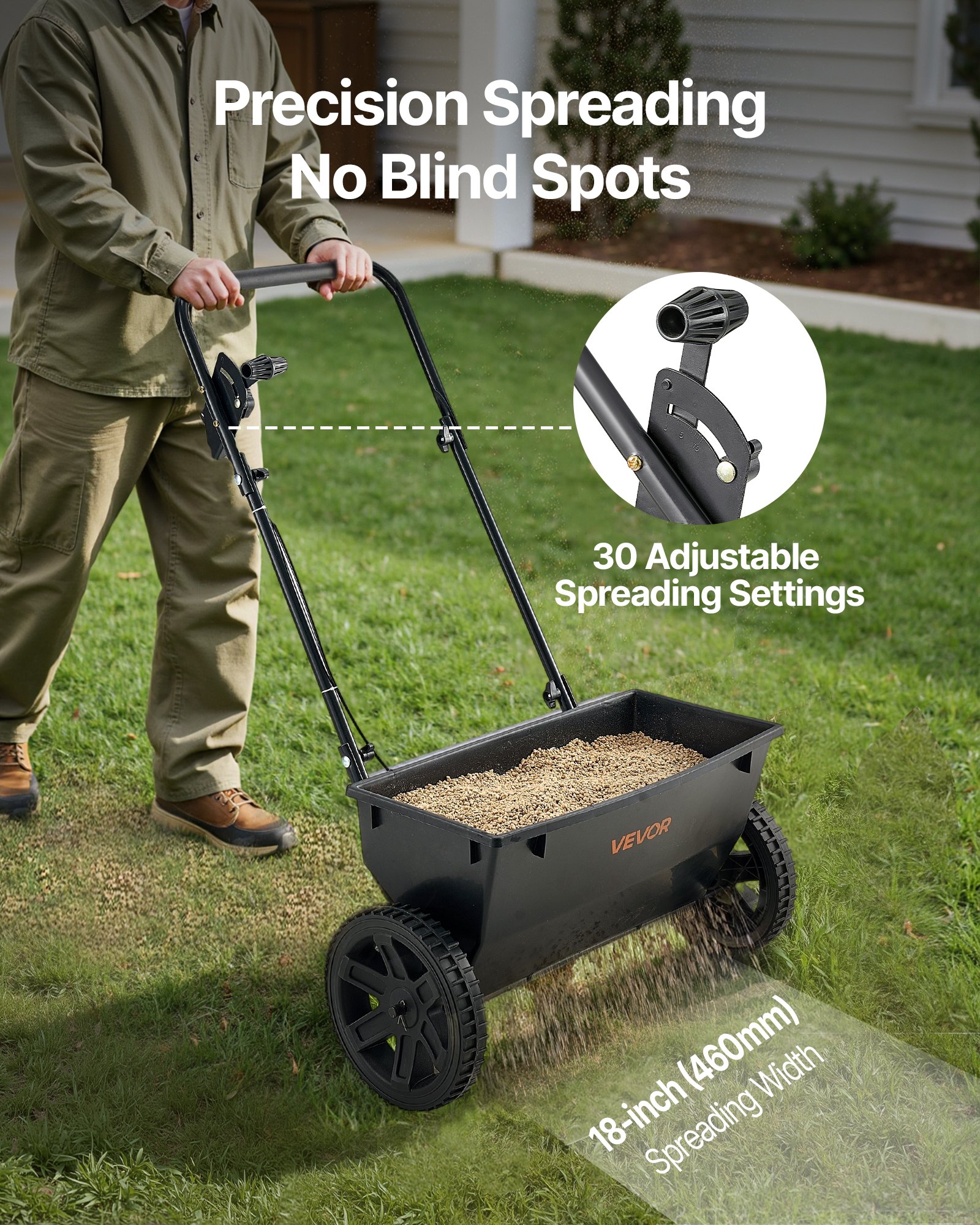 VEVOR Esparcidor de Empuje Manual Capacidad de 22,6 kg Ancho de Esparcimiento de 46 cm con Neumáticos de 25,4 cm Esparcidor de Césped con Rejilla de Tolva para Semillas, Fertilizantes, Negro