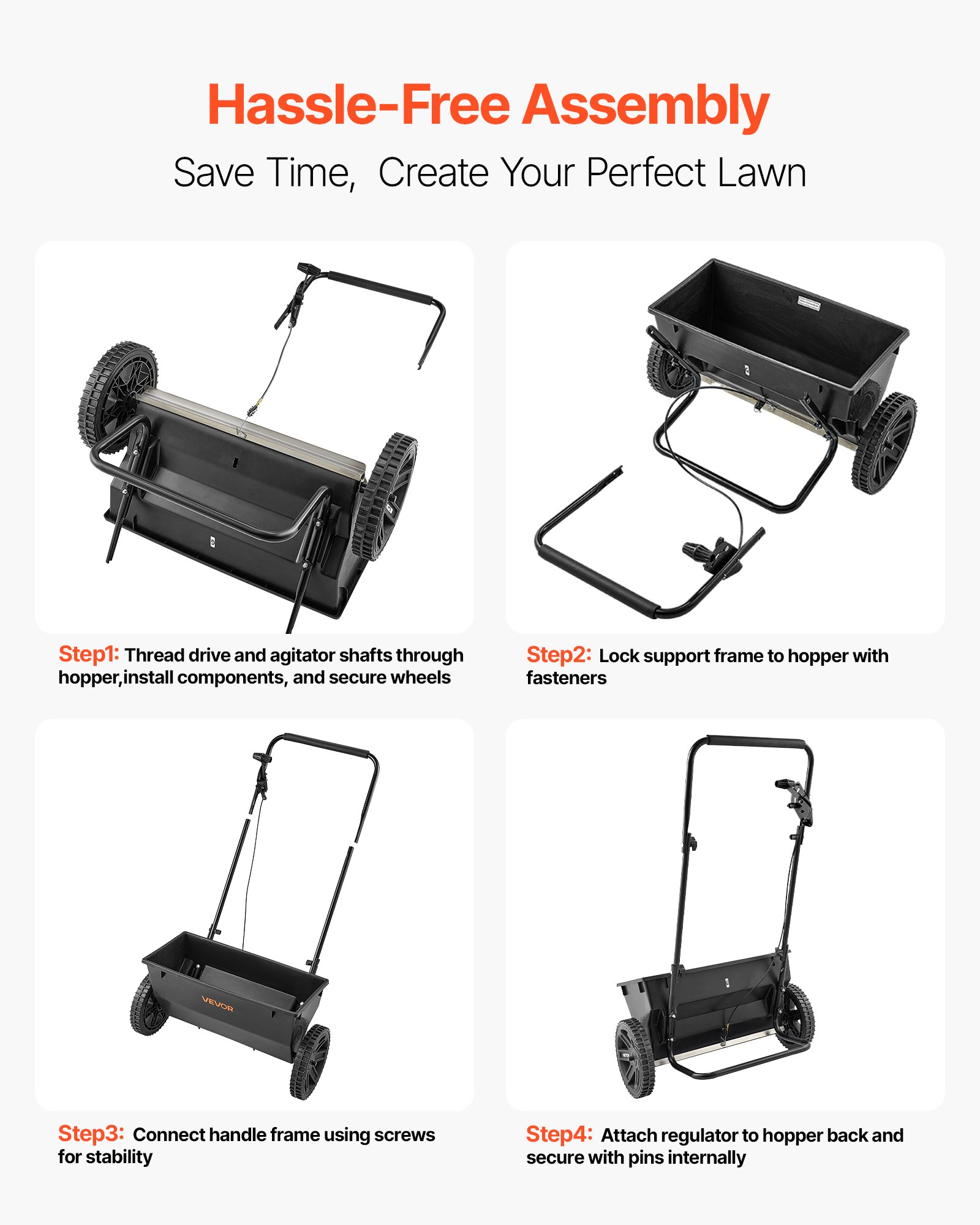 VEVOR Esparcidor de Empuje Manual Capacidad de 22,6 kg Ancho de Esparcimiento de 46 cm con Neumáticos de 25,4 cm Esparcidor de Césped con Rejilla de Tolva para Semillas, Fertilizantes, Negro