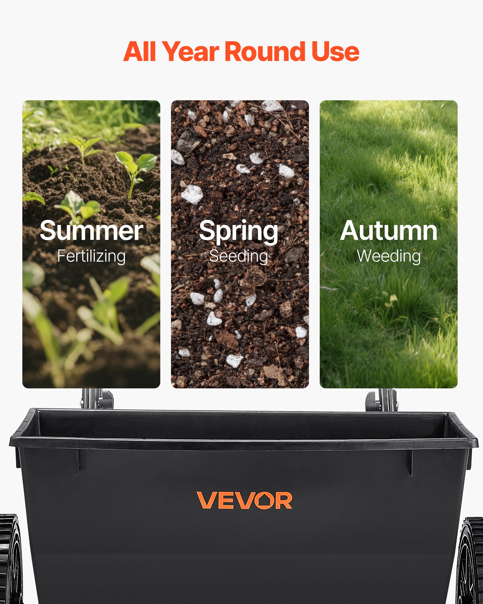 VEVOR Esparcidor de Empuje Manual Capacidad de 22,6 kg Ancho de Esparcimiento de 46 cm con Neumáticos de 25,4 cm Esparcidor de Césped con Rejilla de Tolva para Semillas, Fertilizantes, Negro