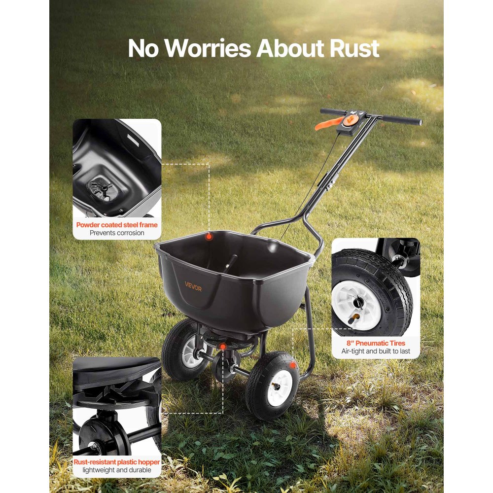 VEVOR Esparcidor de Empuje Manual Capacidad de 27,2 kg Rango de Esparcimiento de 0-3 m con Neumáticos de 20,32 cm	Esparcidor de Césped con Rejilla de Tolva para Semillas, Fertilizantes, Negro