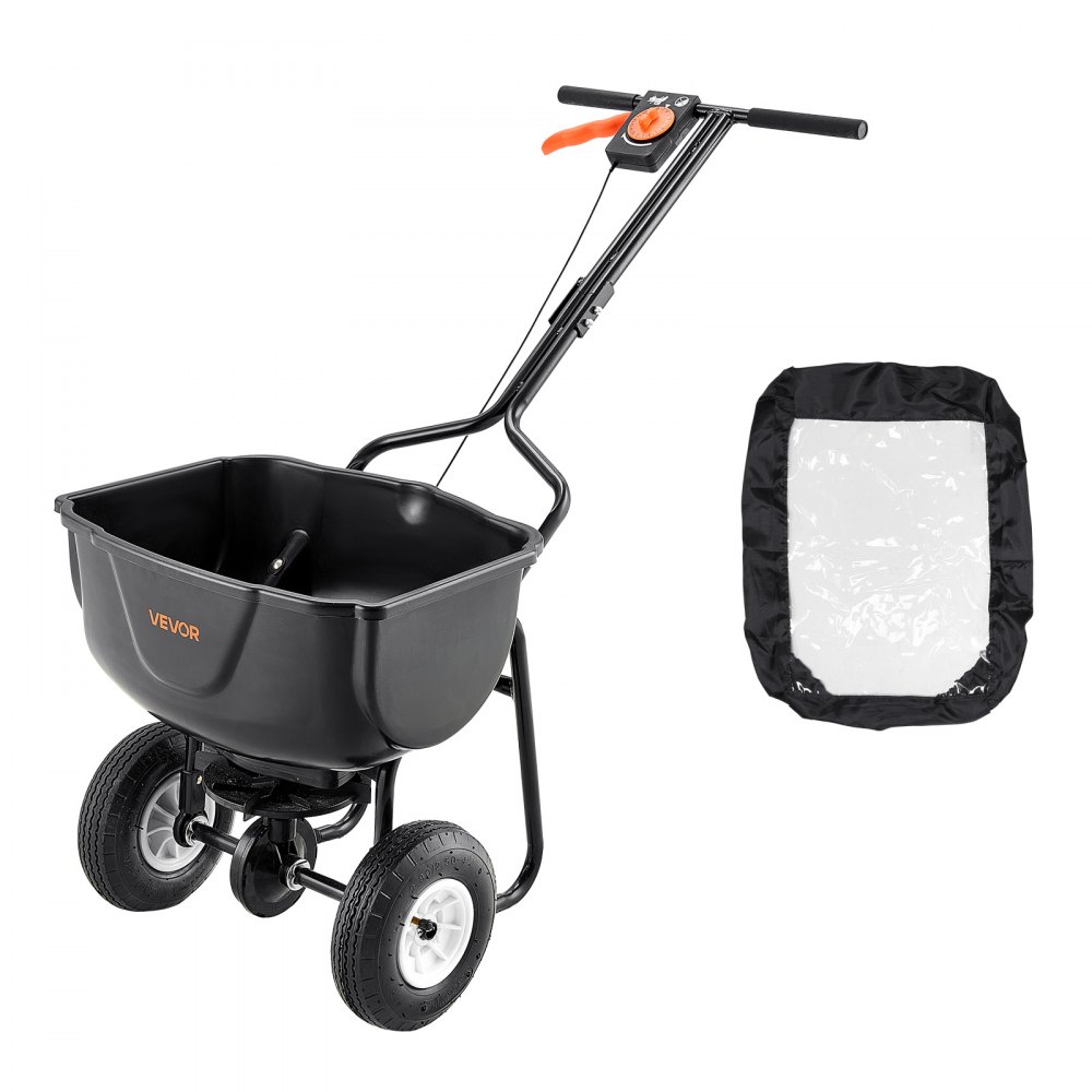VEVOR Esparcidor de Empuje Manual Capacidad de 27,2 kg Rango de Esparcimiento de 0-3 m con Neumáticos de 20,32 cm	Esparcidor de Césped con Rejilla de Tolva para Semillas, Fertilizantes, Negro