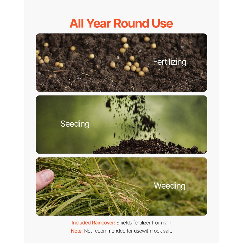 VEVOR Esparcidor de Empuje Manual Capacidad de 27,2 kg, Esparcidor de Compost con Ruedas Neumáticas, Ancho de Esparcimiento de 0 a 3 m para Semillas y Fertilizantes, para Jardín, Césped, Campo, Granja