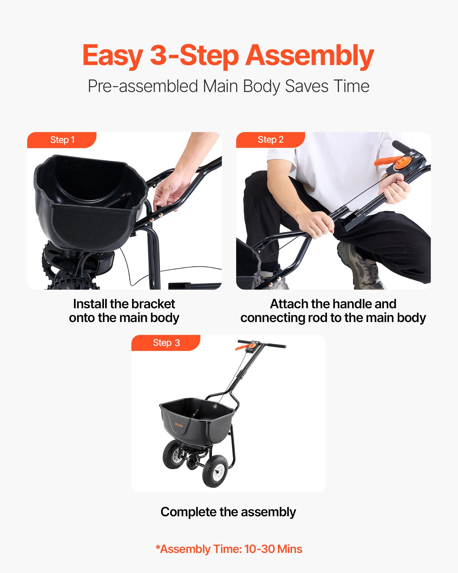 VEVOR Esparcidor de Empuje Manual Capacidad de 27,2 kg, Esparcidor de Compost con Ruedas Neumáticas, Ancho de Esparcimiento de 0 a 3 m para Semillas y Fertilizantes, para Jardín, Césped, Campo, Granja